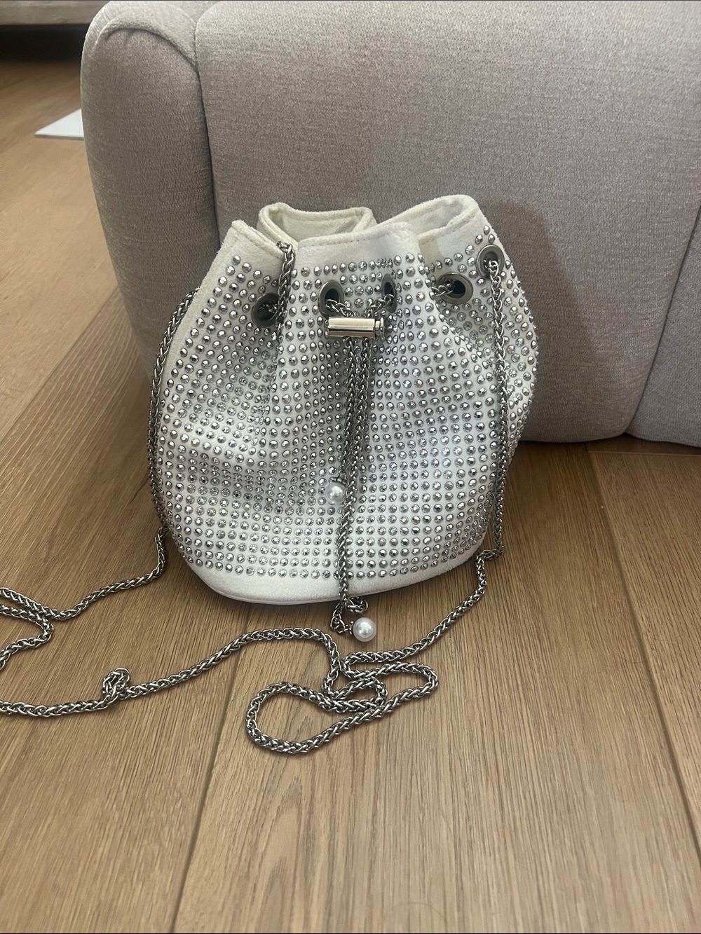Boho Crystal-Embellished Cream Drawstring Bucket Bag